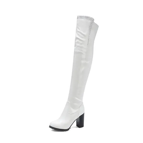 Women's Fashionable Rhinestone Block Heel Over-the-Knee Boots 07474705S Adidas Shoes Size Chart