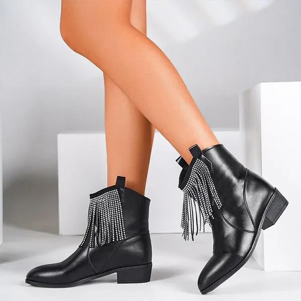 Women's Fashionable Rhinestone Thick Heel Tassel Short Boots 84347122S Terrex Adidas Shoes