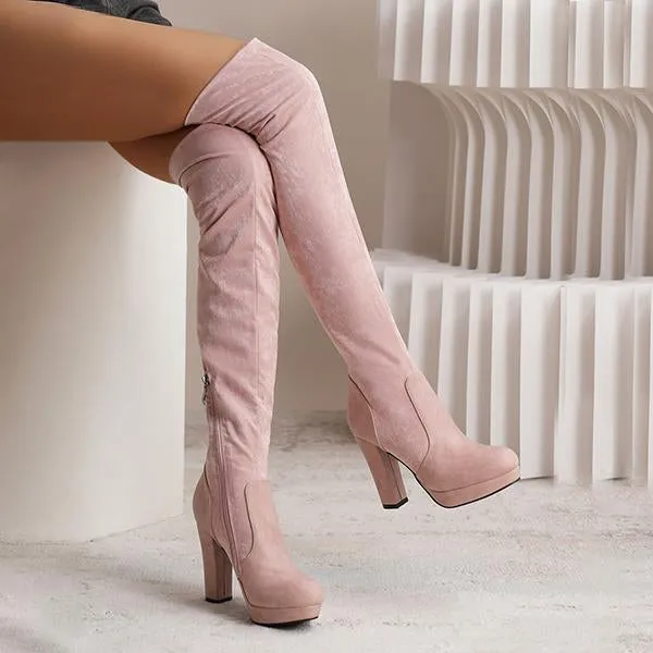 Women's Fashionable Suede Stitching Chunky Heel Over-the-Knee Boots 59295590S Adidas Trending Shoes