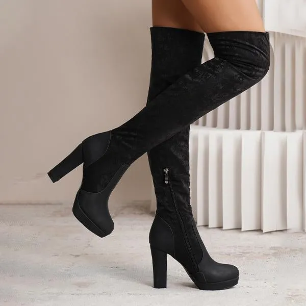 Basketball Shoe Adidas Women's Fashionable Suede Stitching Chunky Heel Over-the-Knee Boots 59295590S