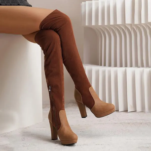 Adidas Shoes Floral Women's Fashionable Suede Stitching Chunky Heel Over-the-Knee Boots 59295590S