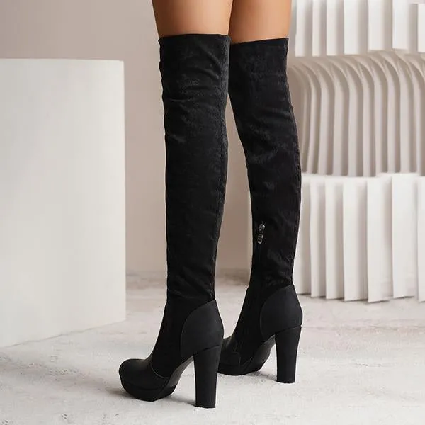 Women's Fashionable Suede Stitching Chunky Heel Over-the-Knee Boots 59295590S Adidas Low Top Basketball Shoes
