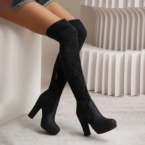 Women's Fashionable Suede Stitching Chunky Heel Over-the-Knee Boots 59295590S Adidas Originals Shoes Collection