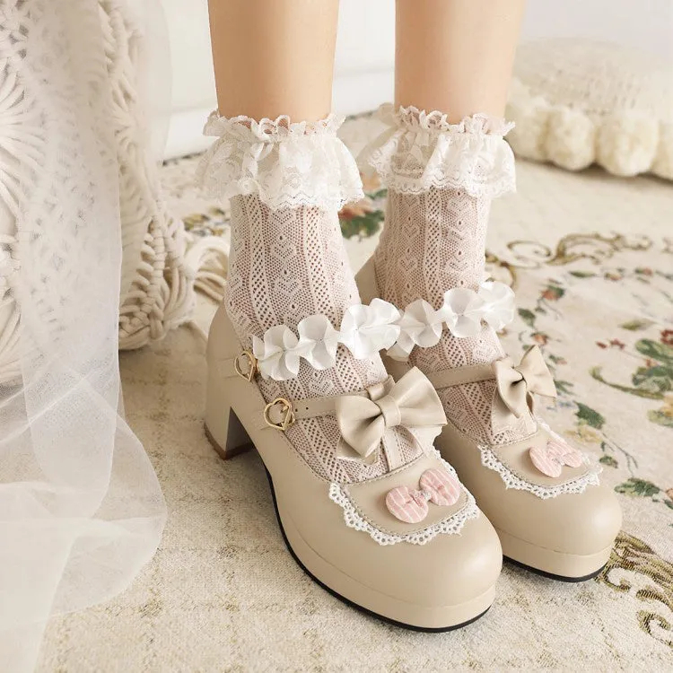 Women's Flower Bowtie Chunky Heel Platform Pumps High Heels Without Platform