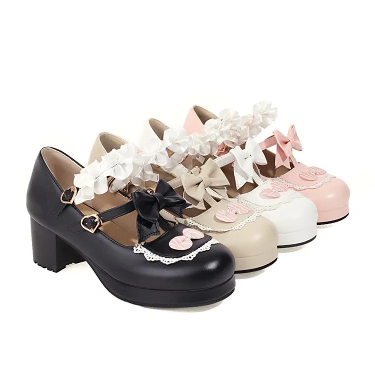 Women's Flower Bowtie Chunky Heel Platform Pumps Sexy Lady In High Heels