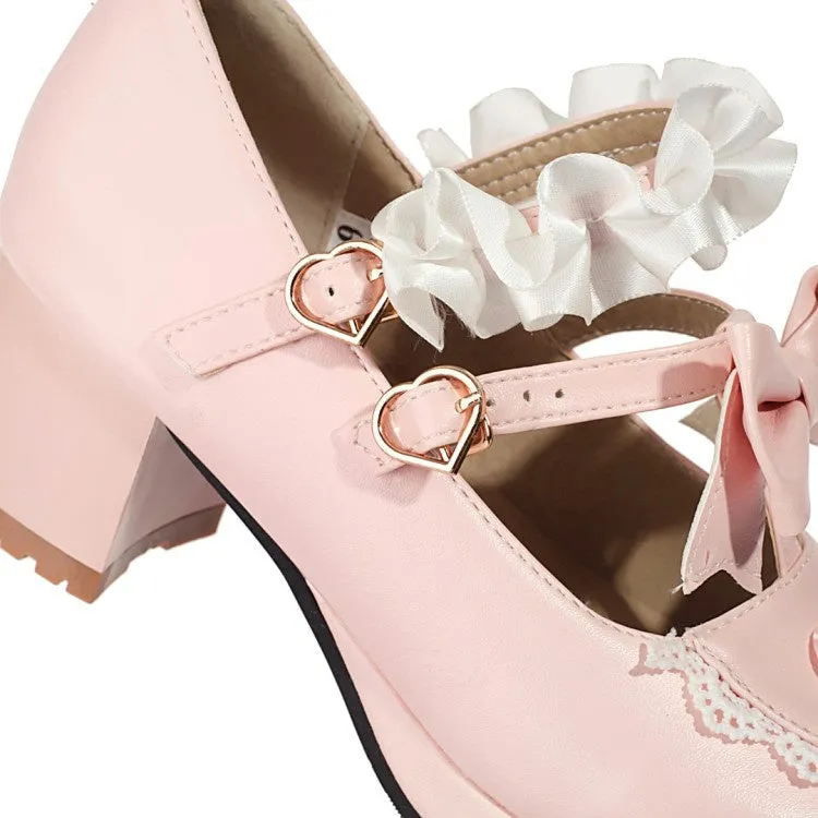 Women's Flower Bowtie Chunky Heel Platform Pumps Wide Fit High Heel Shoes