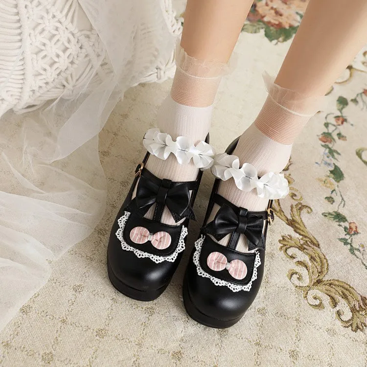 Women's Flower Bowtie Chunky Heel Platform Pumps High Heels Sandles