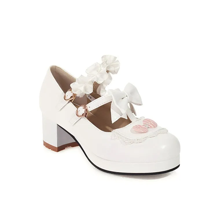 Women's Flower Bowtie Chunky Heel Platform Pumps Fishnets And High Heels