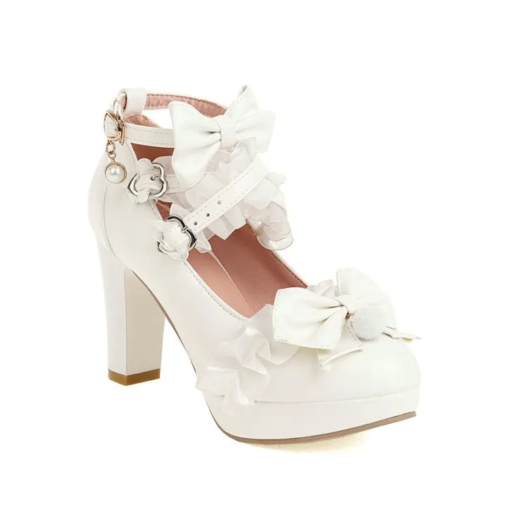 Women's High Heel Platform Pumps Mary Janes Shoes with Bowtie High Heeled Work Boots