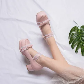 Women's Lace Chunky Heel Pumps Mary Janes Shoes with Bowtie High Heel Inserts Weight Shifting