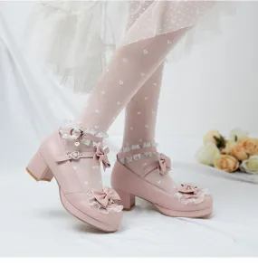Women's Lolita Chunky Heel Pumps Mary Janes Shoes with Bowtie Plastic High Heel Shoes