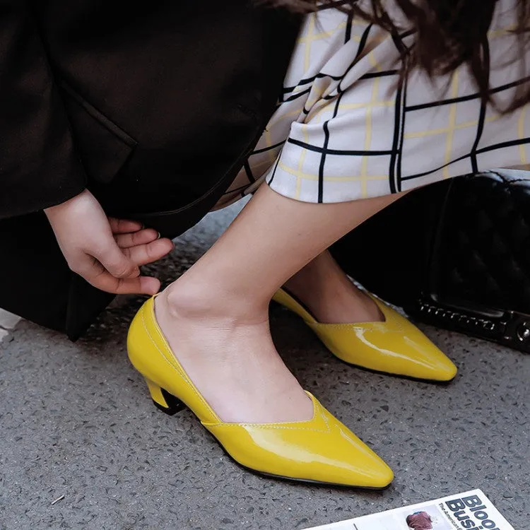 Women's Patent Leather Low Heeled Chunky Heels Pumps Leather Boots Heels