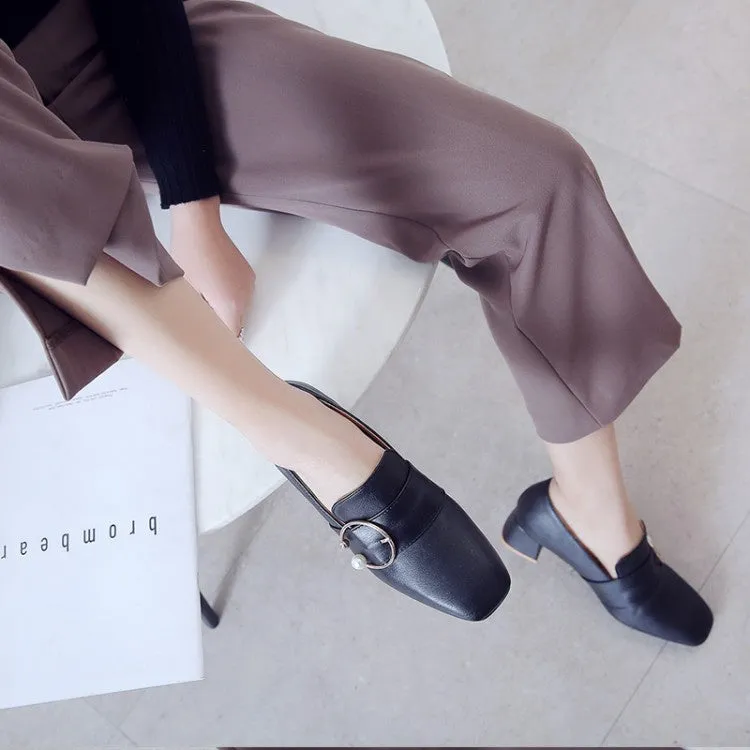 Summer High Heel Shoes Women's Pearl Mid Chunky Heels Shoes