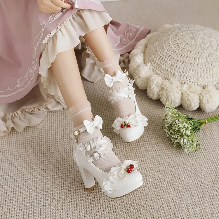 Width Heels Pumps Women's Platform Pumps Mary Janes Shoes with Bowtie