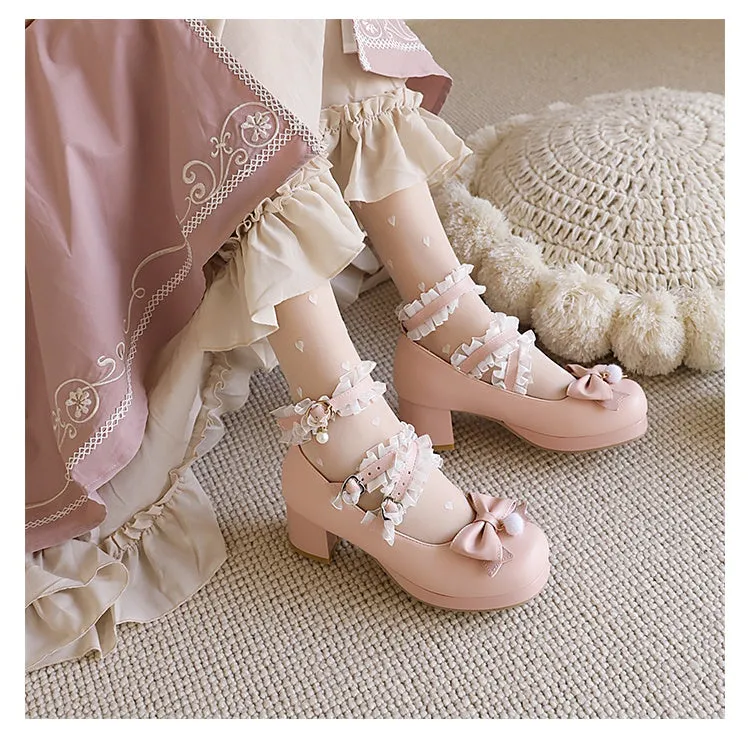 Women's Pumps Mary Janes Shoes with Bowtie Lace High Heel Slip Resistant