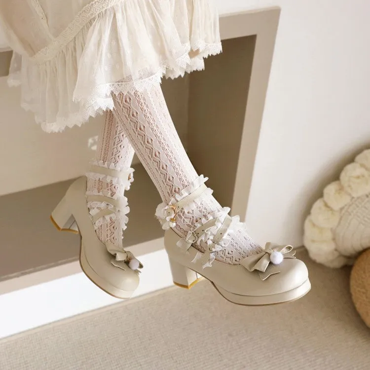 Cute High Heels Women's Pumps Mary Janes Shoes with Bowtie Lace