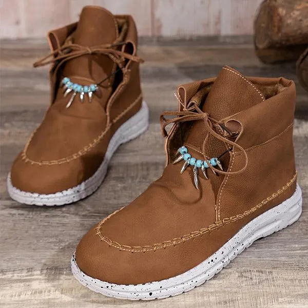 Women's Retro Casual Beaded Lace Up Flat Short Boots 17035191S Adidas Army Shoes