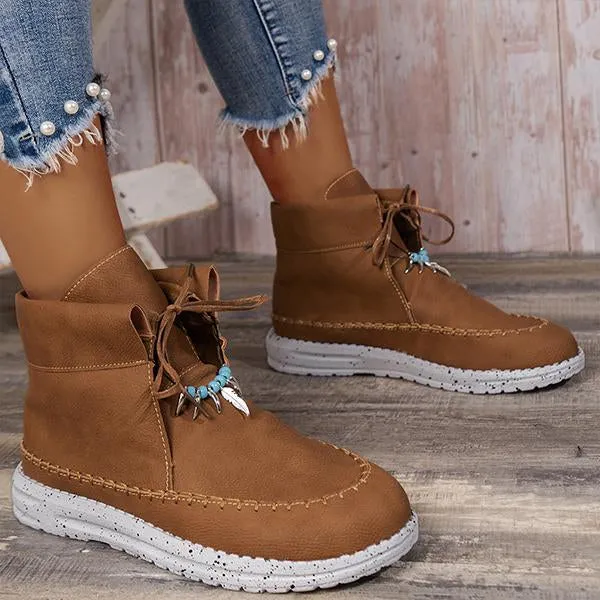 Adidas Tan Shoes Women's Retro Casual Beaded Lace Up Flat Short Boots 17035191S