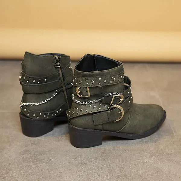 Women's Retro Chain Rivet Buckle Chunky Heel Short Boots 48776453S Mahomes Adidas Shoes