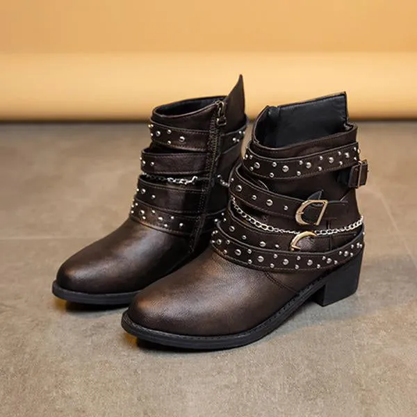 Women's Retro Chain Rivet Buckle Chunky Heel Short Boots 48776453S Adidas Goodyear Shoes