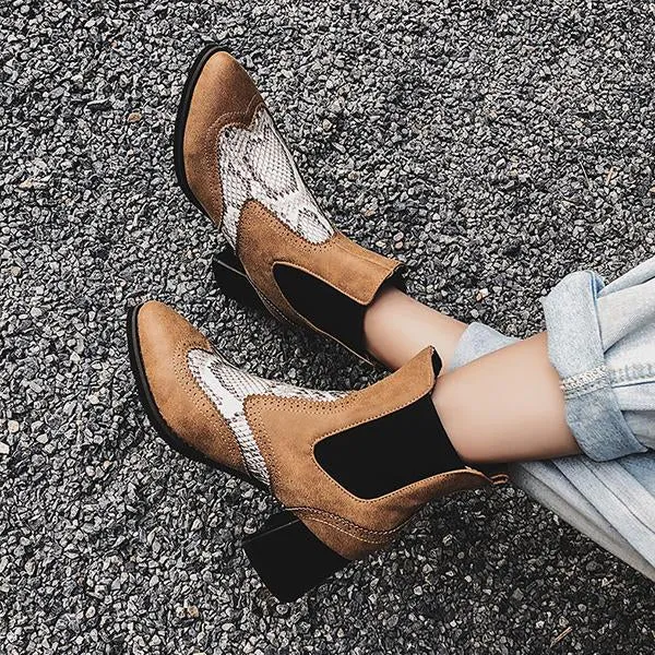 Women's Retro Snake Print Stitched Block Heel Boots 60682668S Adidas Advantage 2.0 Shoes