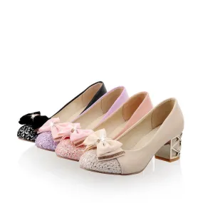 Red Sole High Heels Women's Rhinestone Bowtie Chunky Heel Pumps