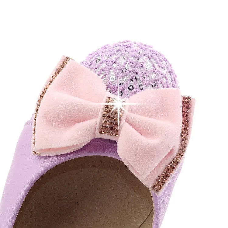 Women's Rhinestone Bowtie Chunky Heel Pumps High Heel Caps For Grass