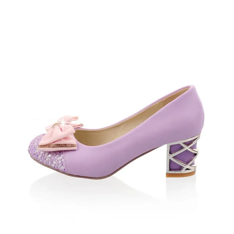 High Low Heels Women's Rhinestone Bowtie Chunky Heel Pumps