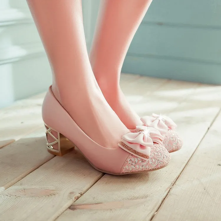 Women's Rhinestone Bowtie Chunky Heel Pumps Wedge Heel Knee High Leather Boots