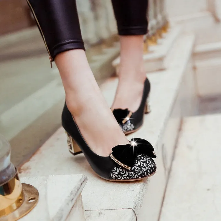 High-heeled Sandals Women's Rhinestone Bowtie Chunky Heel Pumps