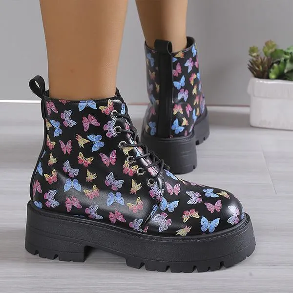 Women's Snowflake Butterfly Print Thick Sole Martin Boots 28953744S Adidas Shoes With Dresses