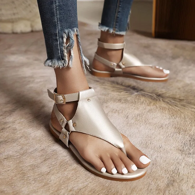 Flat Gladiator Shoes Women's Solid Color Flip Flops Hollow Out Rivets Flat Sandals