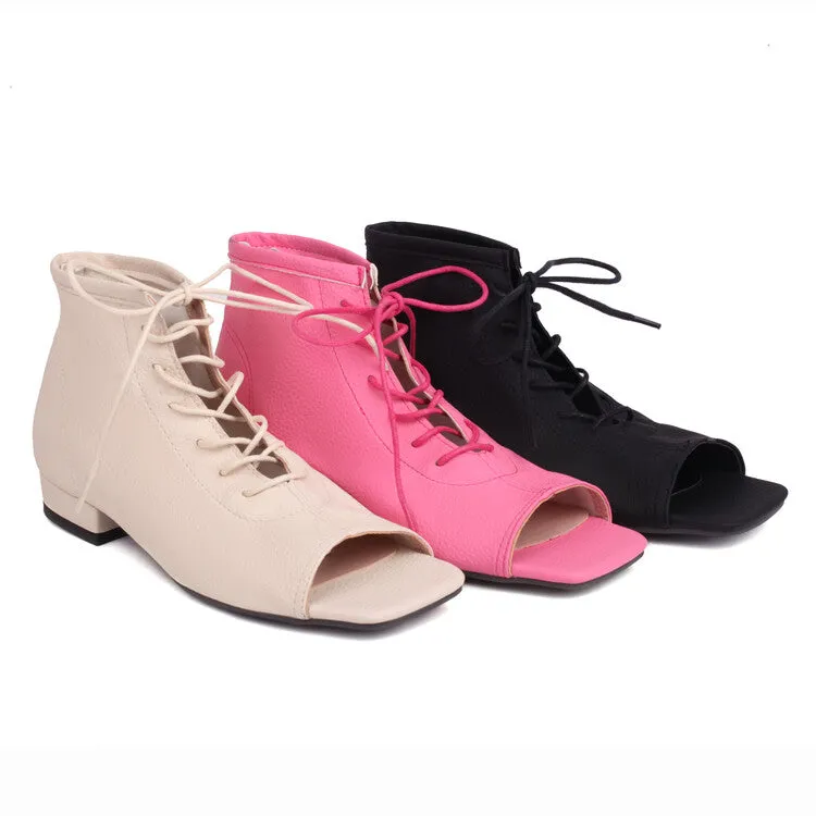 Peacock Shoes Flats Women's Square Open Toe Lace-Up Flat Sandals