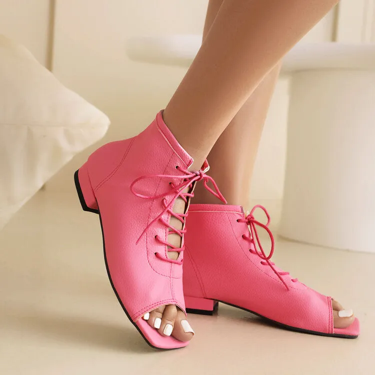 Women's Square Open Toe Lace-Up Flat Sandals Soccer Shoes Flats