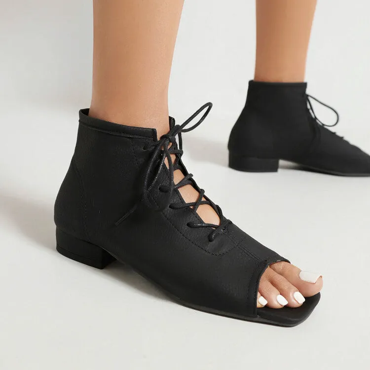 Women's Square Open Toe Lace-Up Flat Sandals Packable Flat Shoes