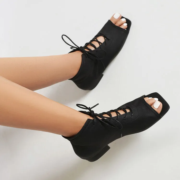 Wedding Dresses With Flat Shoes Women's Square Open Toe Lace-Up Flat Sandals