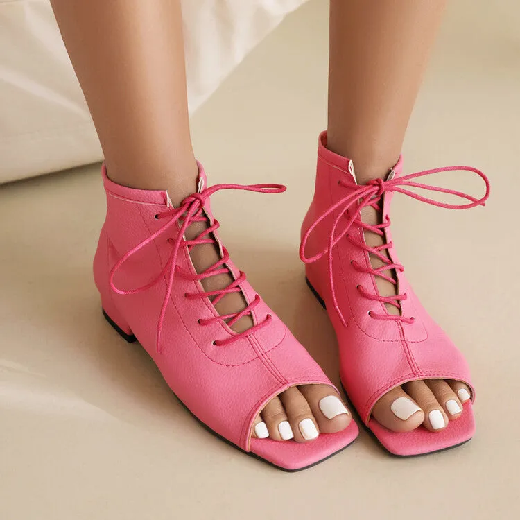 Women's Square Open Toe Lace-Up Flat Sandals Flat Doll Shoes