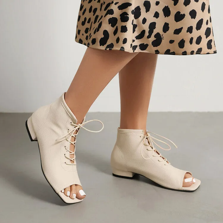 Women's Square Open Toe Lace-Up Flat Sandals Tan Flat Shoes