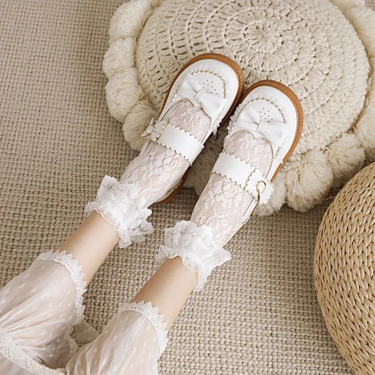 Women's's Lolita Round Toe Butterfly Knot Shallow Flat Sandals Ruffle Flat Shoes