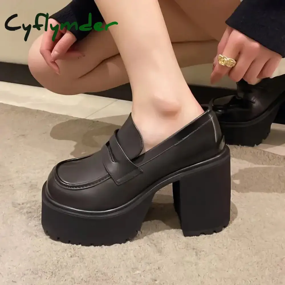 Cyflymder High Heels Loafers Women Shoes Retro Chunky Heels Pumps Woman Uniform College Platform Mary Jane Shoes Ladies fashion Wide Width Platform Loafers